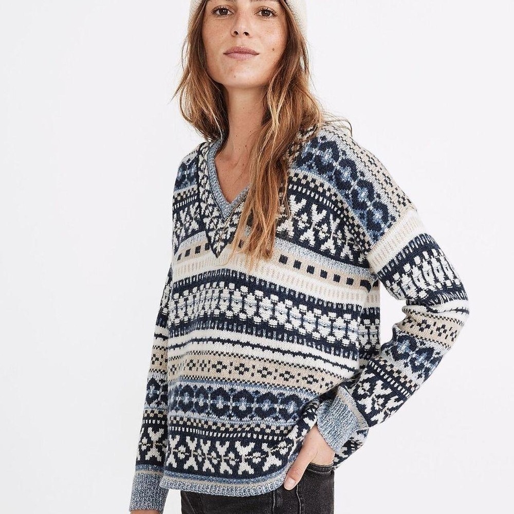 MADEWELL Forrest Fair‎ Isle V-Neck Wool Blue Navy White Sweater XS / XXS ~ NEW